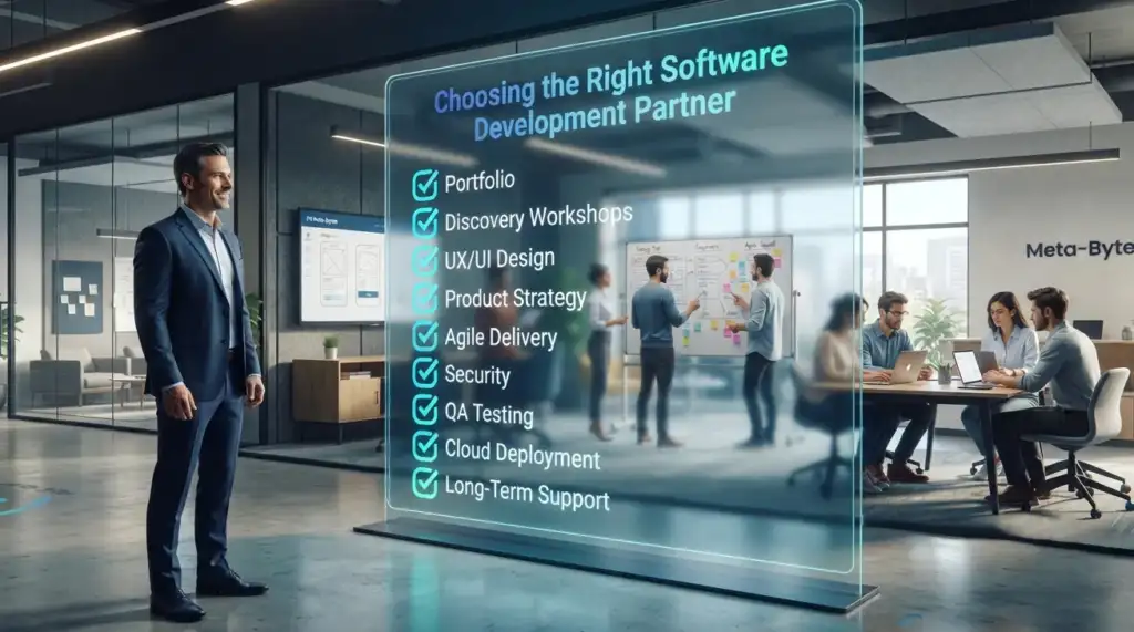 Local software partner meeting; alt text: Local software development partner in Egypt checklist.